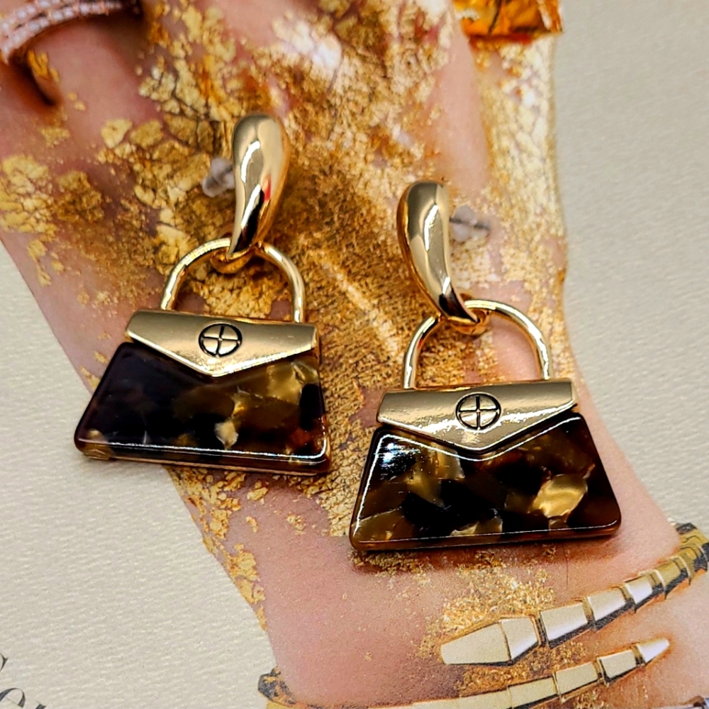 NWT Tortoise Shell Doorknocker Style Luxury Gold Dangle Earrings - Picture 10 of 12